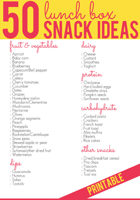 50 lunch box snack ideas for kids printable