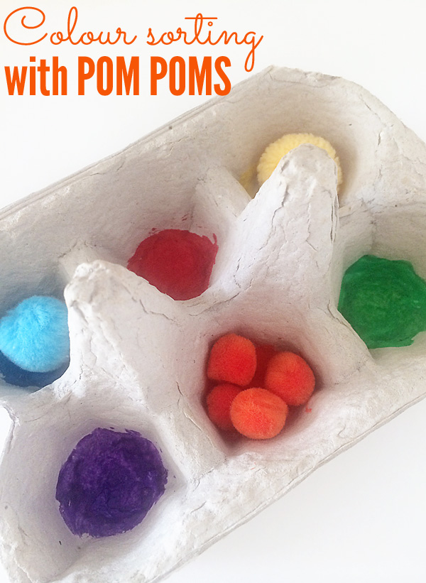 Toddler play ideas: Colour sorting with pom poms