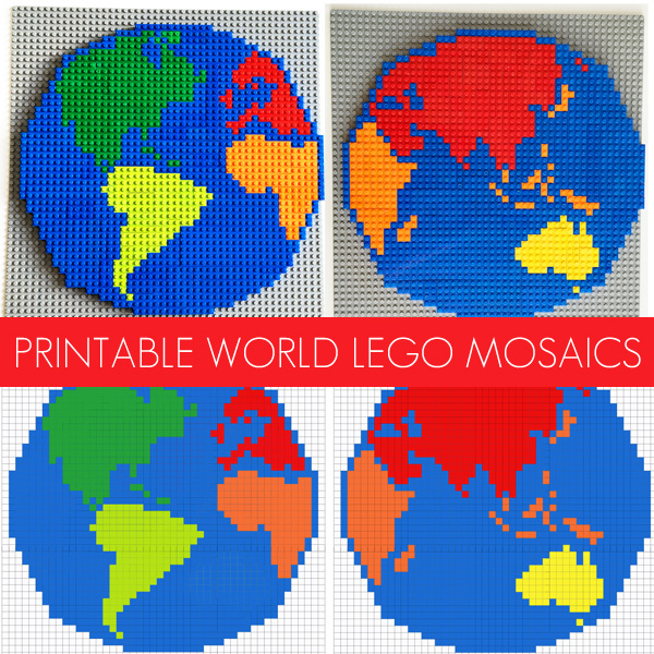 Printable World Lego Mosaic Patterns. Create your very own Lego world map with this printable mosaic pattern. Fun as a geography or Earth Day project.