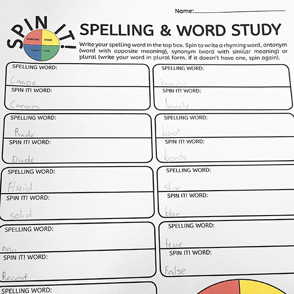 Spin It! spelling activity worksheet