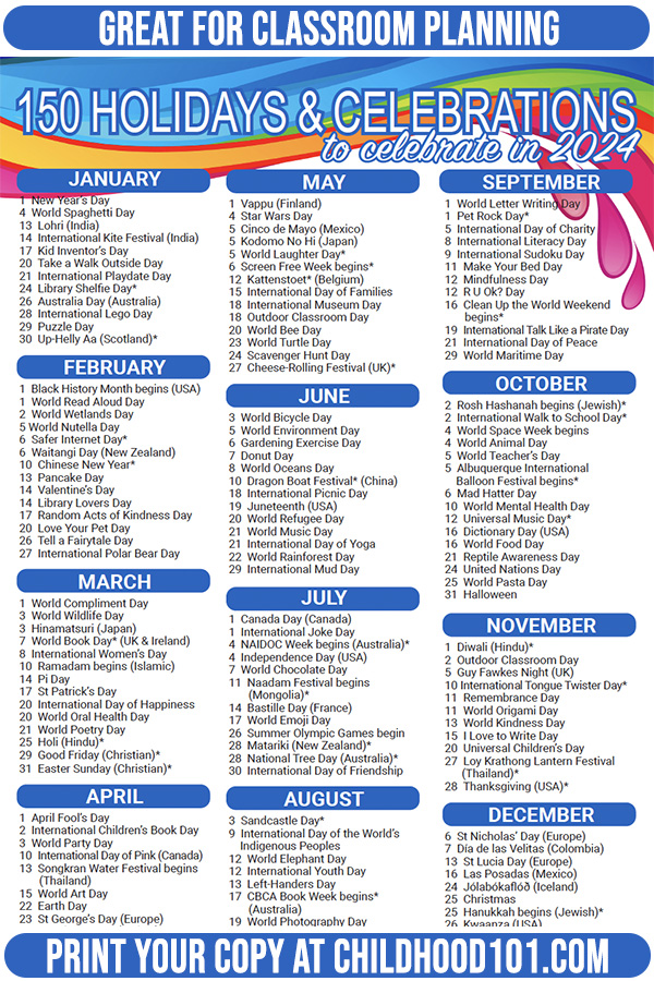 Holidays and Celebrations Around The World Calendar 2024 for classroom planning