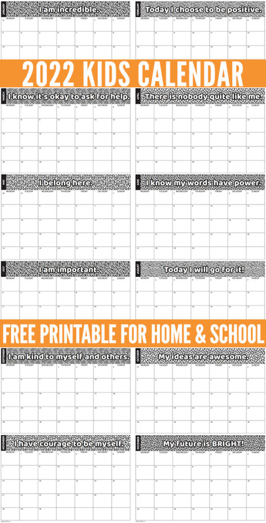 Free printable kids calendar 2022