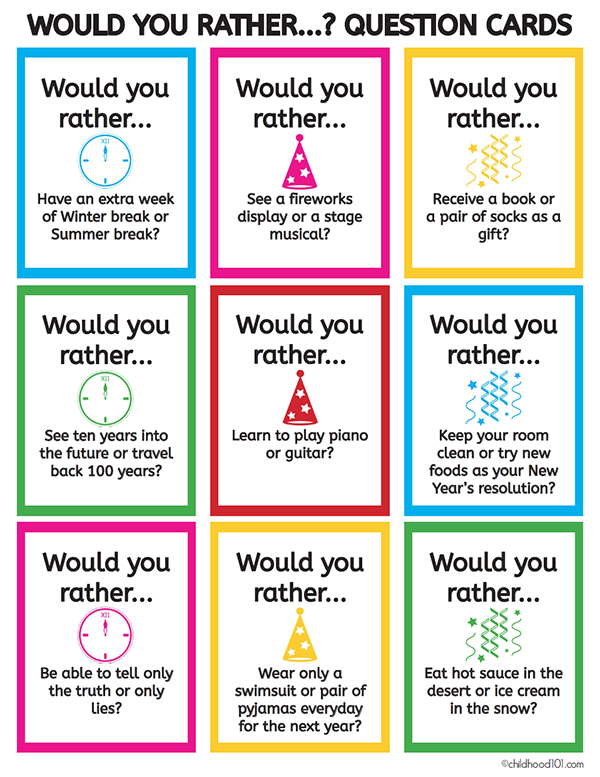 New Years Eve Would You Rather question cards
