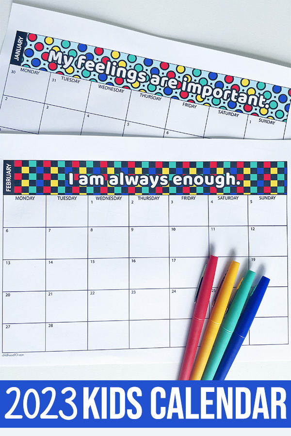 Free, Printable Kids Calendar 2023 with Mindful Affirmations