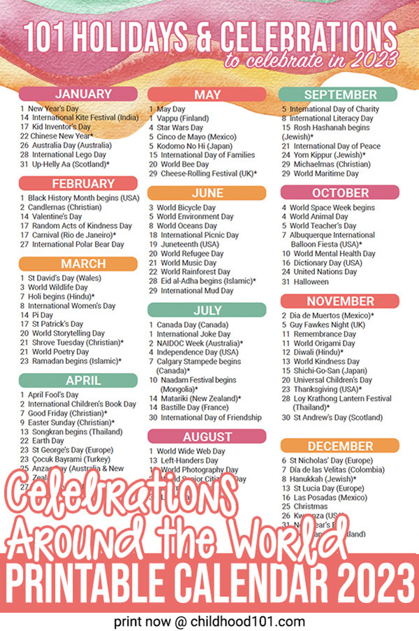 Printable Celebrations Around the World Calendar 2023