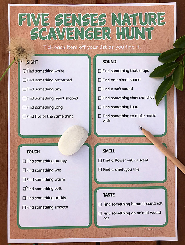 Five senses activities: nature scavenger hunt