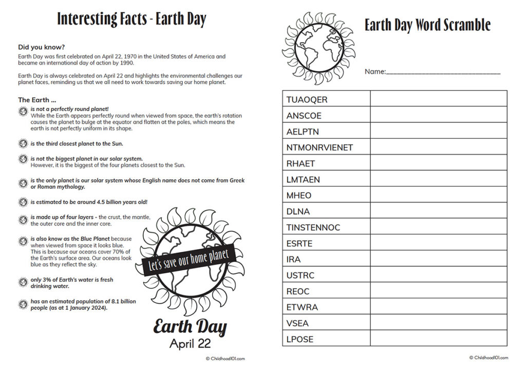 Free Earth Day Activity Sheet Elementary